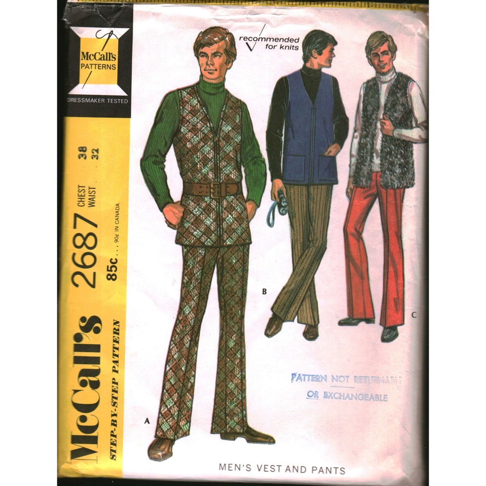 Vintage 1970 McCalls 2687 Mens Vest and Pants Sewing Pattern Chest 38 Waist 32